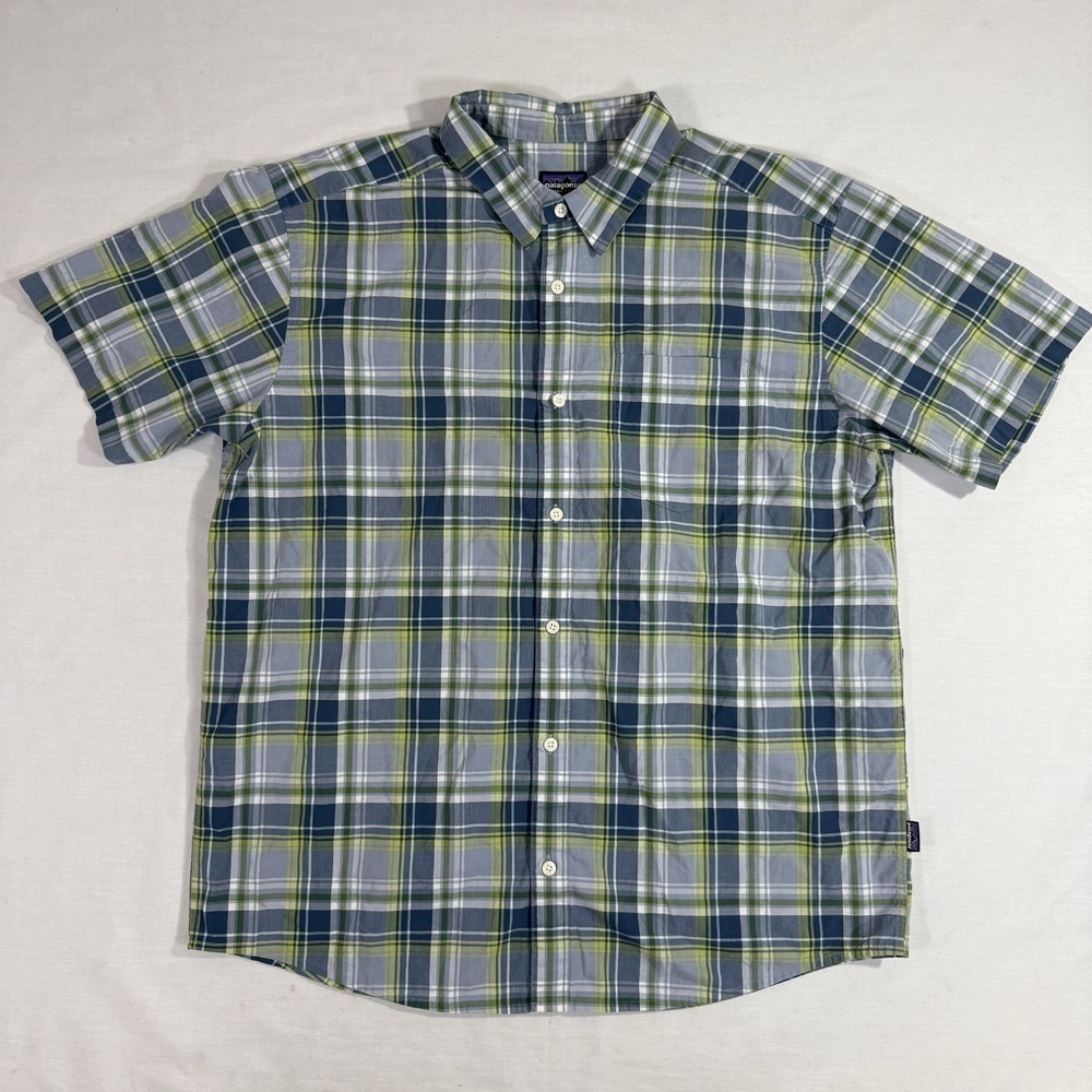 Patagonia Stripped Shirt Mens L Green Plaid Short Sleeve Organic Cotton